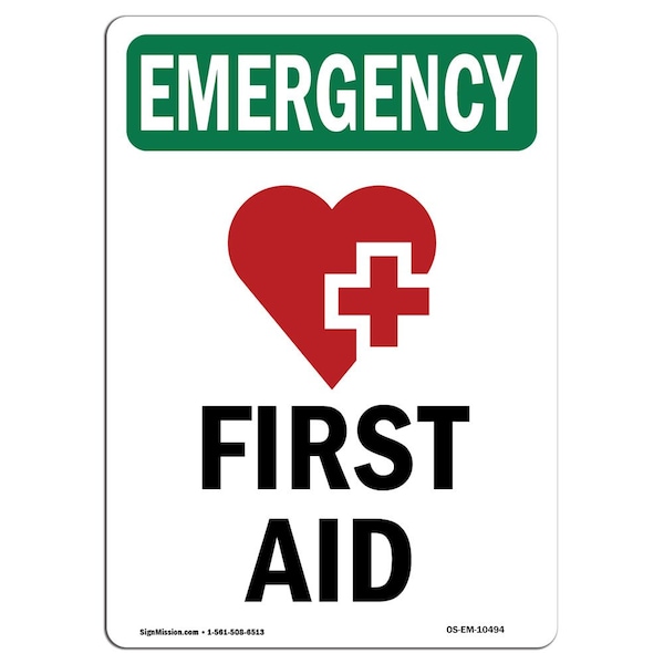 Safety Sign, OSHA EMERGENCY, 5" Height, First Aid, Portrait, OS-EM-D-35-V-10494-10PK